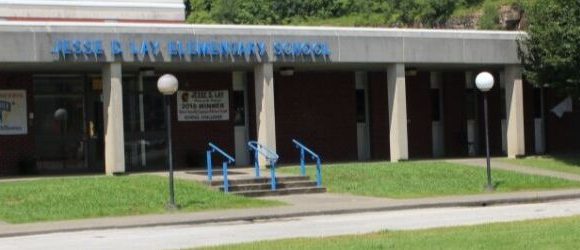 Exterior of Jesse D Lay Elementary showing entrance